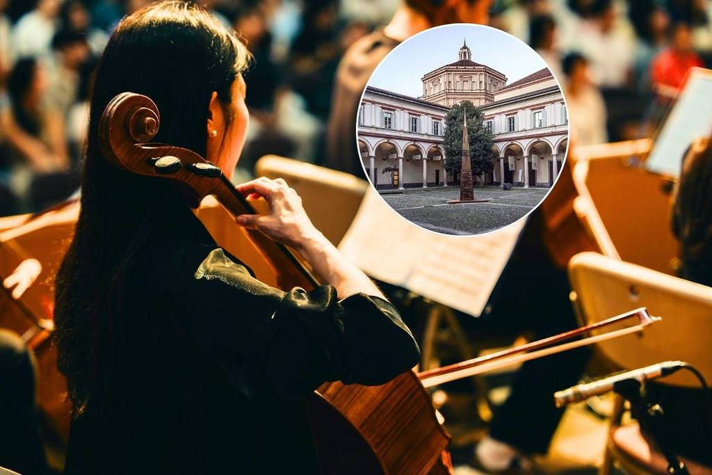 Collage photographique : en arrière-plan, une jeune fille de dos joue du violoncelle ; dans le cercle, une photo du cloître du Conservatoire G. Verdi de Milan