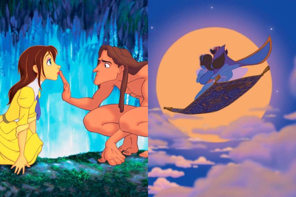 A la izquierda, la primera vez que Tarzán y Jane se conocen. A la derecha, Aladdín y Jasmine en la alfombra voladora