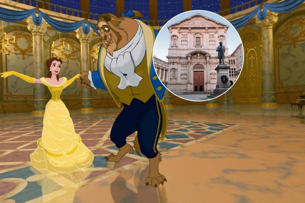 La Bella y la Bestia bailan en el palacio. En el círculo, el Auditorio San Fedele de Milán