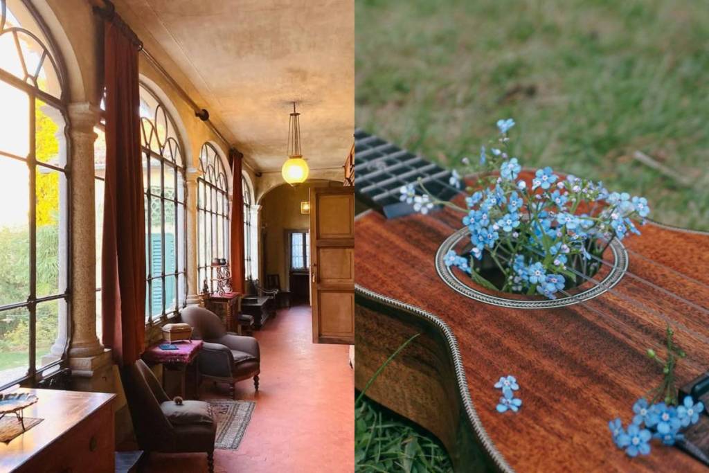 À droite, une photo d’une guitare avec des fleurs ; à gauche, une photo de l’intérieur de la Casa Macchi