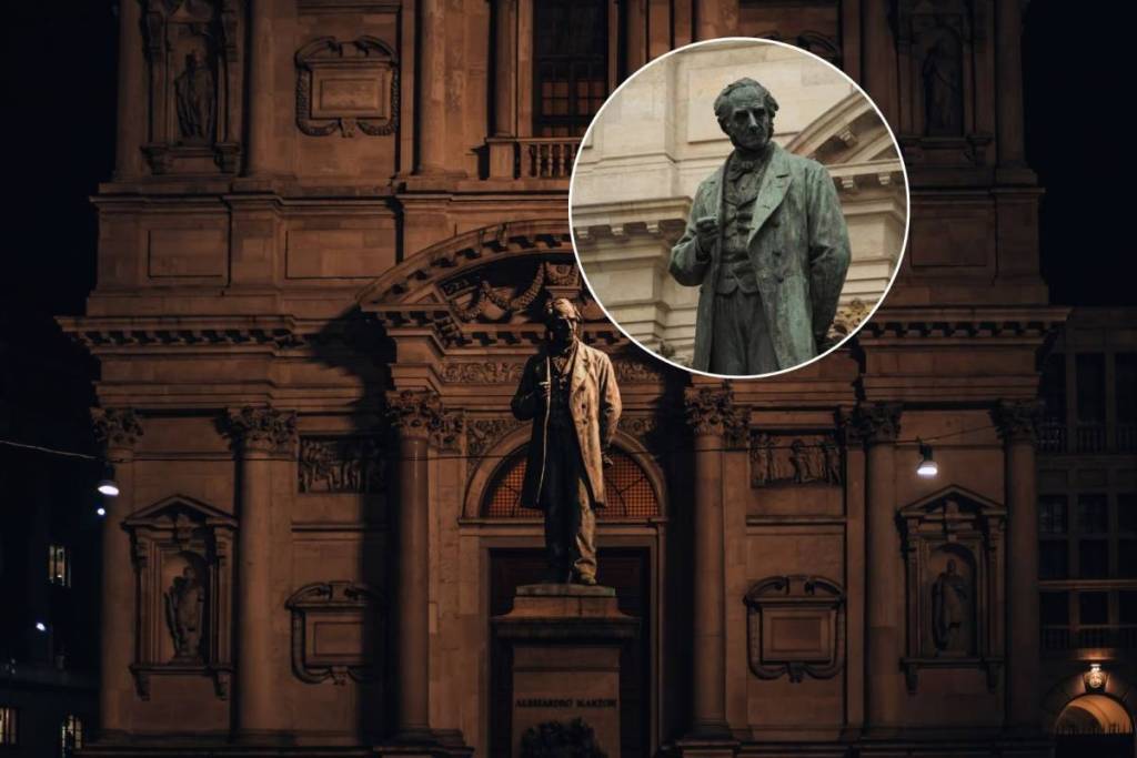 La chiesa san fedele e la statua di manzoni