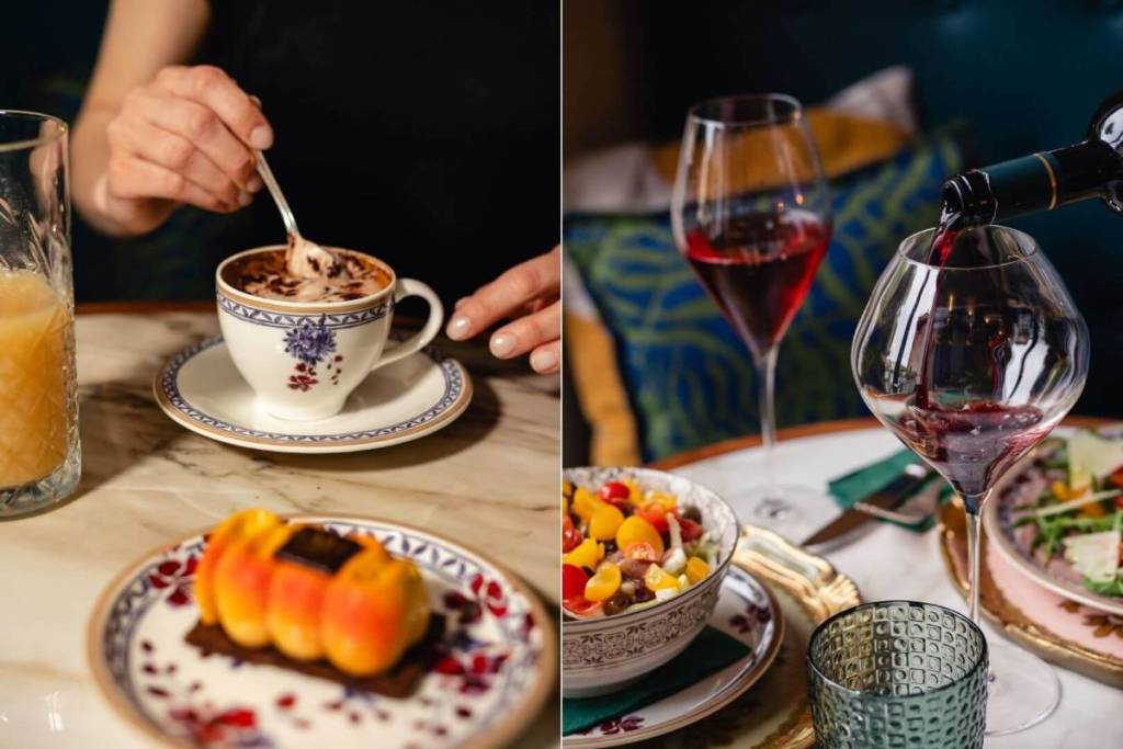 Ein Blick auf Cappuccino, handgemachte Backwaren und Rotwein, der im Montalcino Caffè in Mailand in das Weinglas gegossen wird – ein Lokal mit Pariser Atmosphäre.