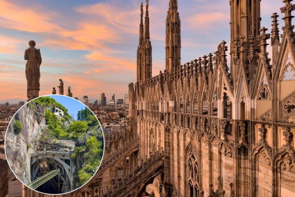 A striking view from the terraces of Milan’s Duomo at sunset, with a view of the Candoglia marble quarry nestled among the mountains.