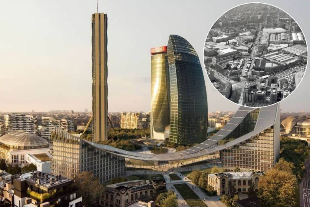 Vergleich zwischen den modernen Wolkenkratzern von CityLife in Mailand und der alten Messe auf einem historischen Foto in der Beilage.
