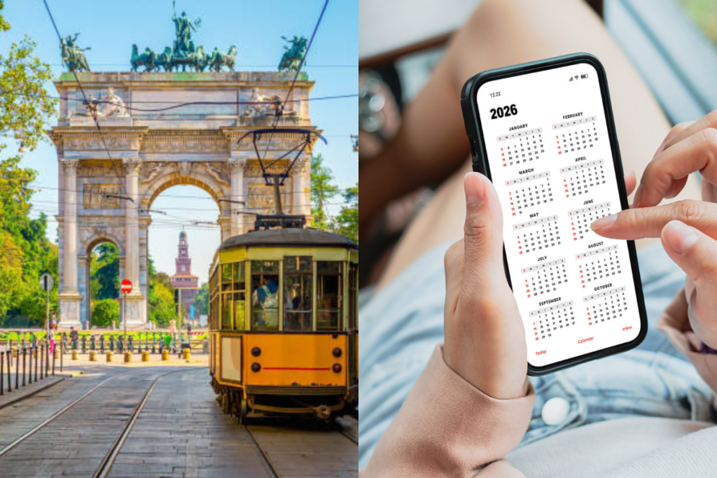 a sinistra una veduta di milano con un tram giallo e a destra una persona che controlla il calendario sul cellulare