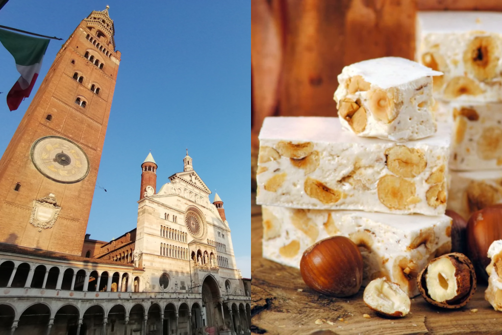 piazza del duomo di cremona a destra e torrone alle nocciole a destra
