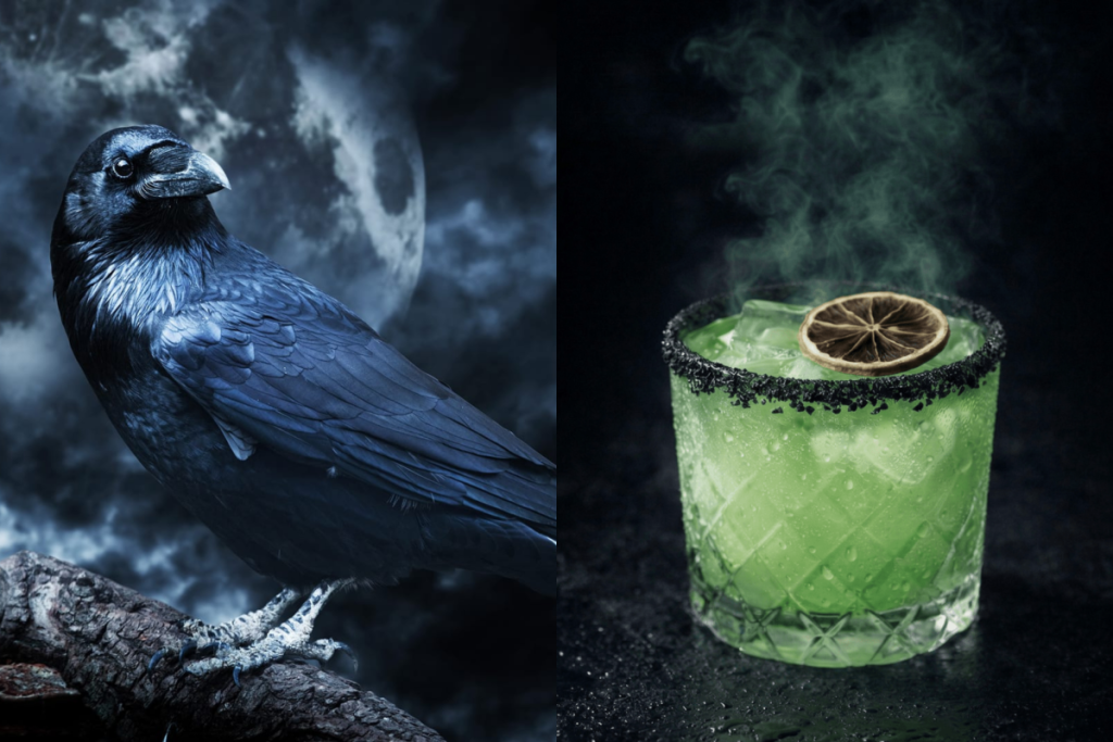 On the left, a close-up of a raven alluding to the story told at Edgar Allan Poe Speakeasy, and on the right, a close-up of a green cocktail.