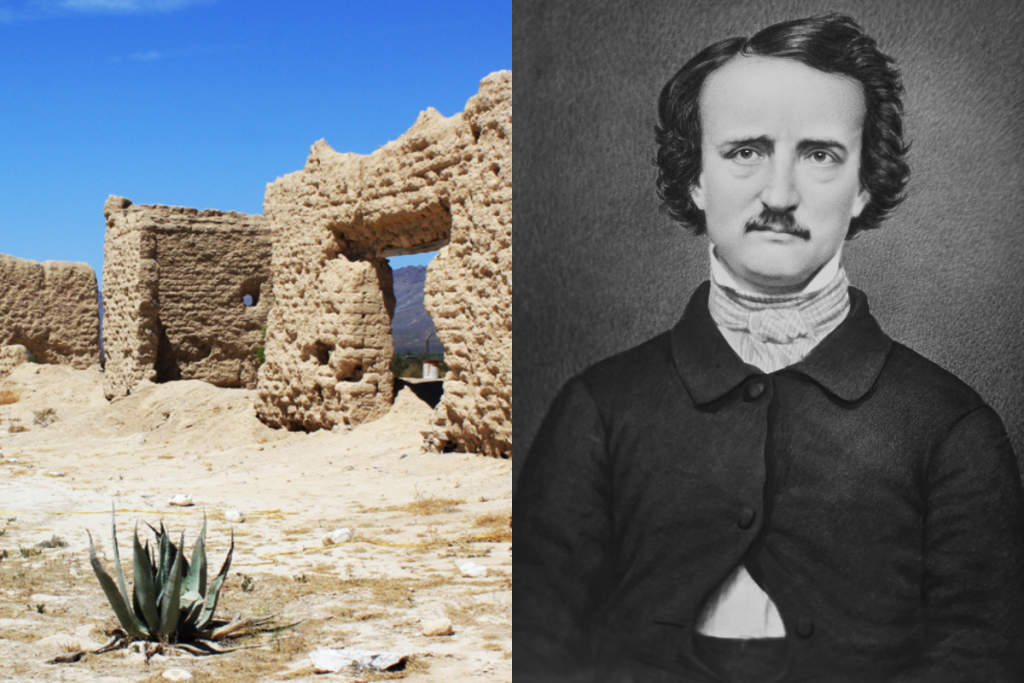 A la izquierda Ruins of the Hacienda del Muerto at the main entrance. The historic 19th century site, is surrounded by the mountain range of Sierra Popa and El muerto hill in the northeastern Mexican state of Nuevo León. y a la derecha dibujo de un daguerrotipo de Edgar Allan Poe.