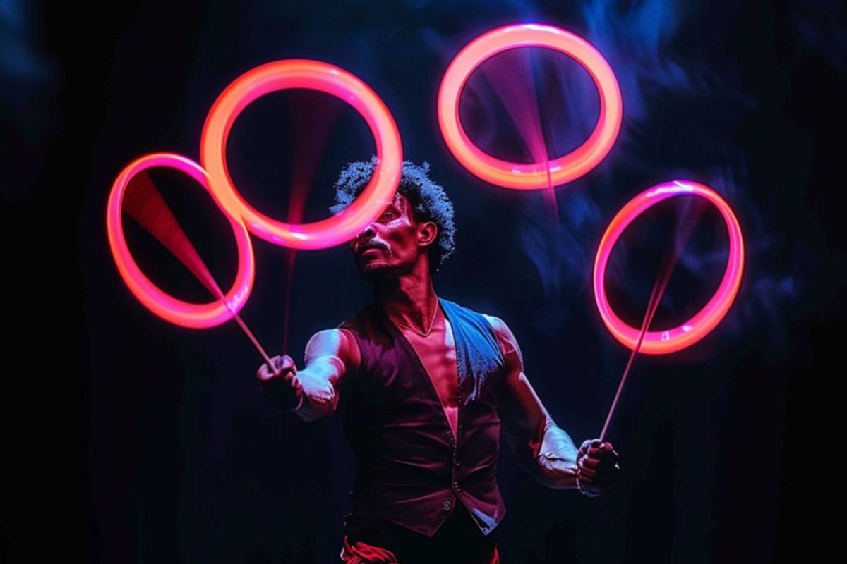 Photo d'un artiste de cirque en plein numero pour Glow Circus