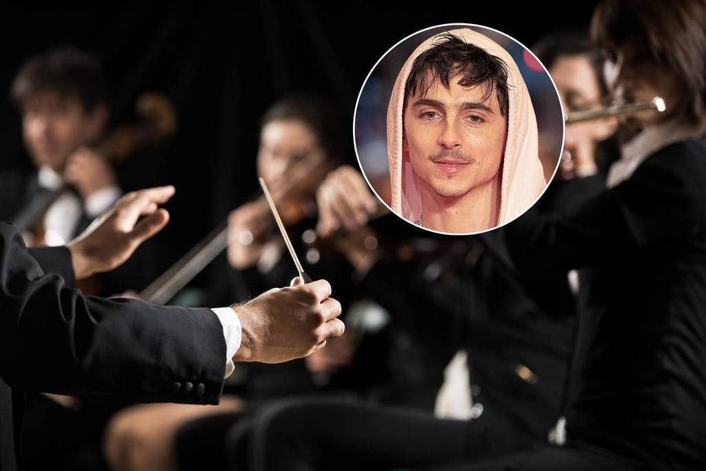 Collage of a symphony orchestra with a photo of actor Timothée Chalamet