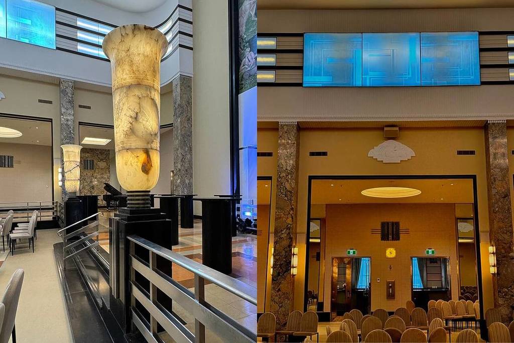 Collage of the interior of the 9e restaurant at the Eaton Centre and its entrance
