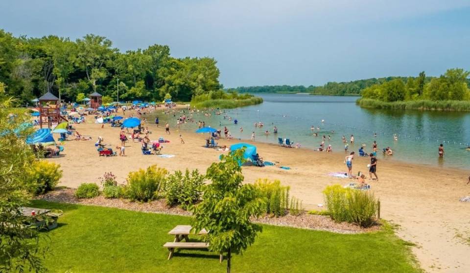 45 minutes from downtown Montreal—a lovely beach for swimming in a clear lake dotted with small islands this summer