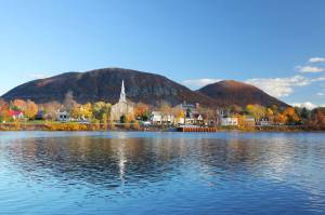 Just 45 minutes from downtown Montreal—a pretty village with a mysterious mountain, accessible by public transit, worth visiting this fall