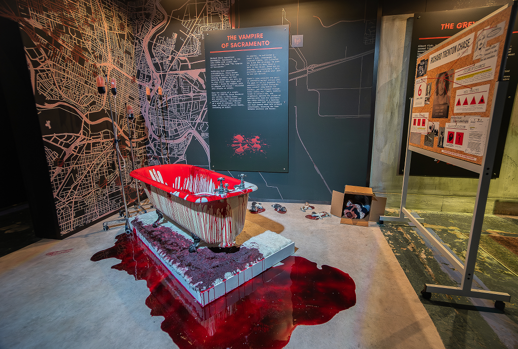 Bloodstained bathtub, on display at the exhibition *Inside the Minds of Serial Killers: The Immersive Exhibition*