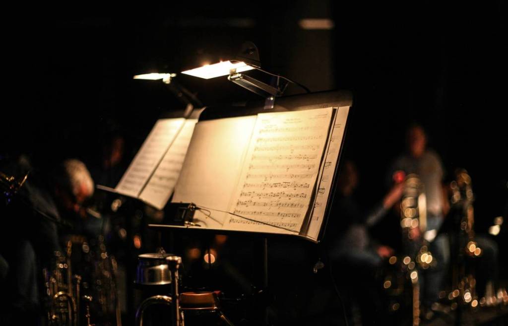 Close-up of a music stand and an orchestra’s sheet music
