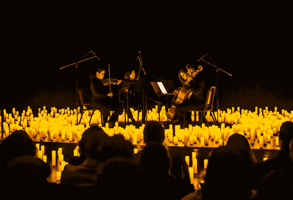 Photo d'un quatuor à cordes train de jouer au milieu des bougies pour un concert Candlelight