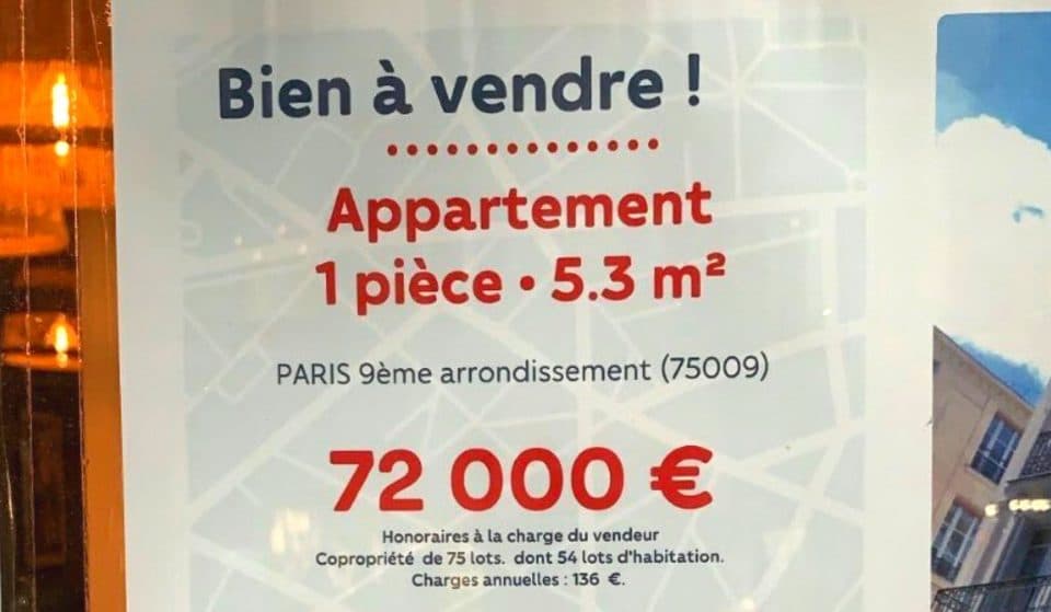 Insolite : Un appartement de 5m² mis en vente à 72 000 euros à Paris !