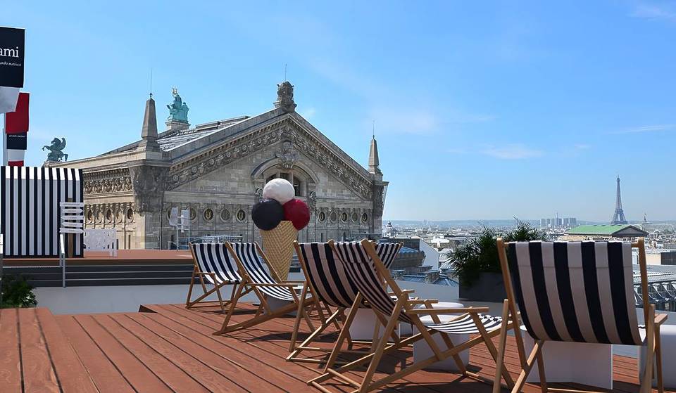 AMI unveils an ephemeral beach on the Galeries Lafayette Rooftop – With a crêperie by Julien Sebbag