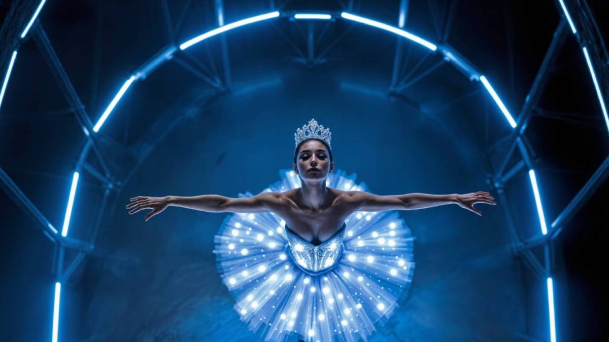 Photo en plongée d'une danseuse avec un tutu illuminé