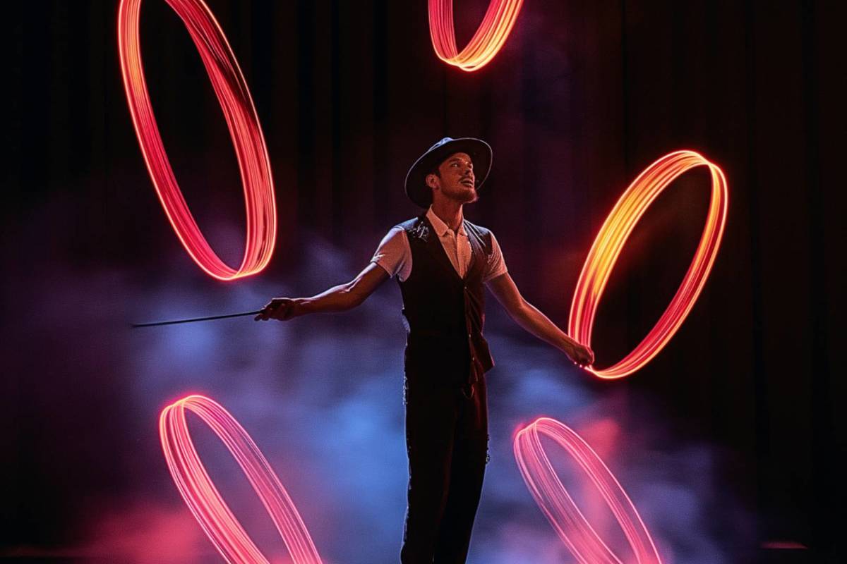 Photo d'un artiste de cirque qui jongle avec des anneaux lumineux pour Glow Circus