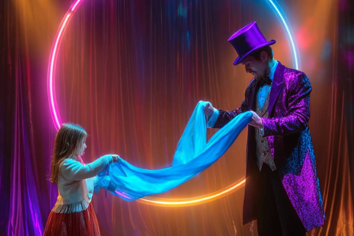 Un magicien en habit violet et haut-de-forme fait un tour de magie avec une fillette tenant un tissu bleu lumineux sur scène.