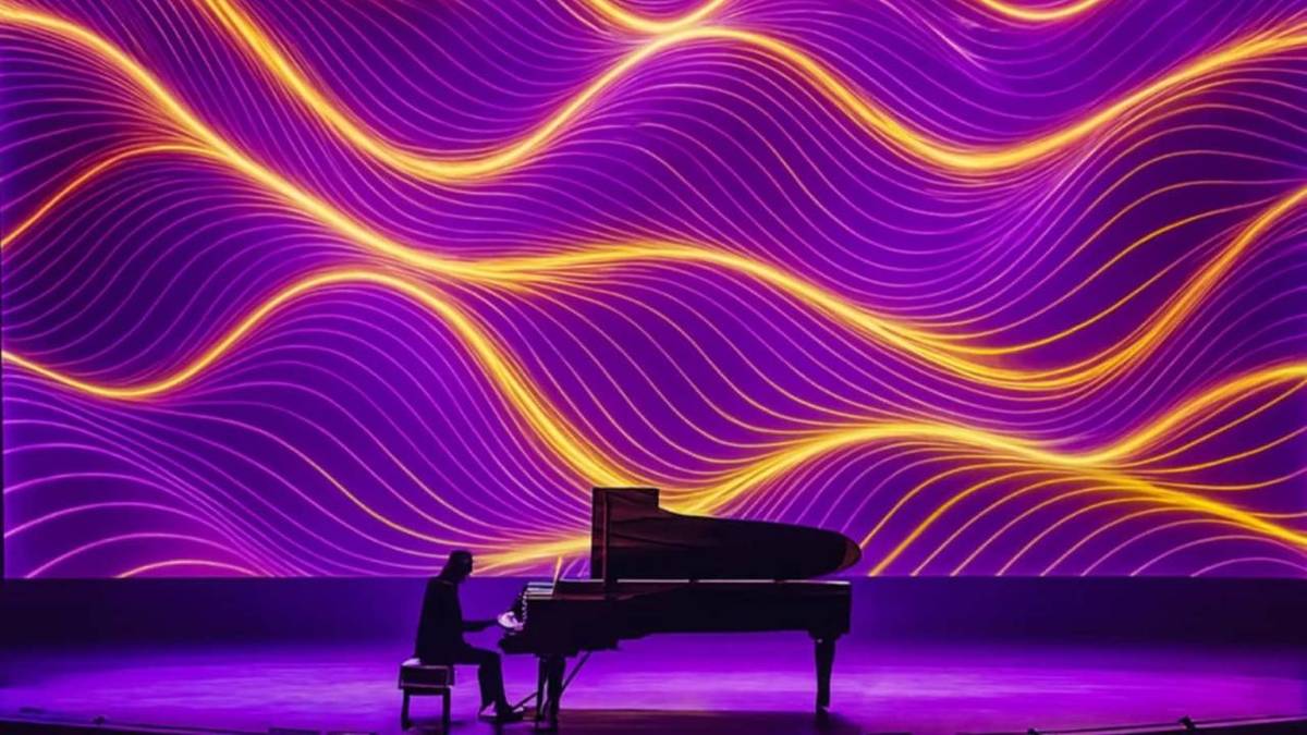Photo d'un piaiste et son piano face à une projection colorée en fond