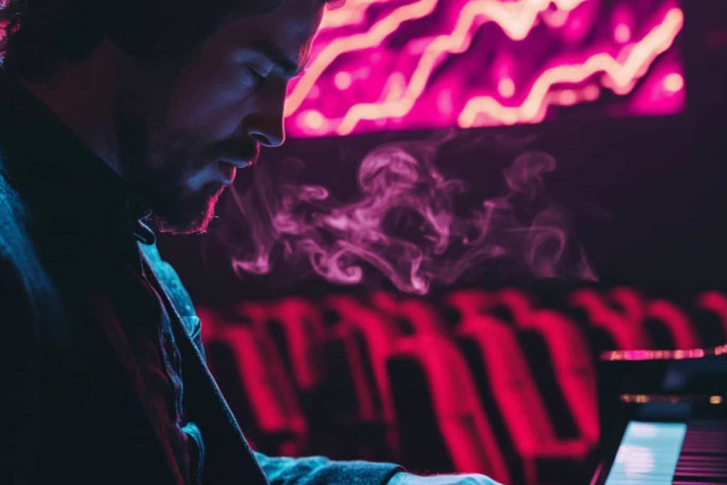 Photo d'un pianiste en gros plan avec des projections en fond