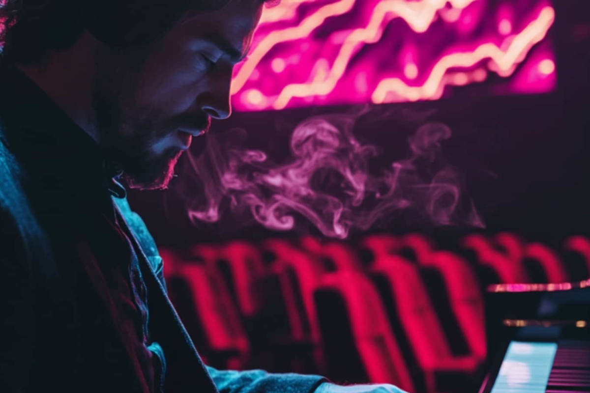 Photo d'un pianiste en gros plan avec des projections en fond