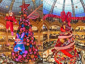 Voici les plus beaux sapins de Noël des Galeries Lafayette au fil des ans &#8211; Et si le sapin 2025, drapé 560 kg de rubans devenait le plus mémorable de tous ?