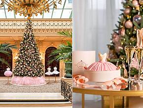 Addobbato con tulle rosa e scarpette da ballerina, questo albero di Natale gigante, alto quasi 7 metri, è il più spettacolare di Parigi – E sotto un tetto di vetro inondato di luce, potrete ammirare un magico Yule Log in stile tutù, sublimato con foglie d’oro.