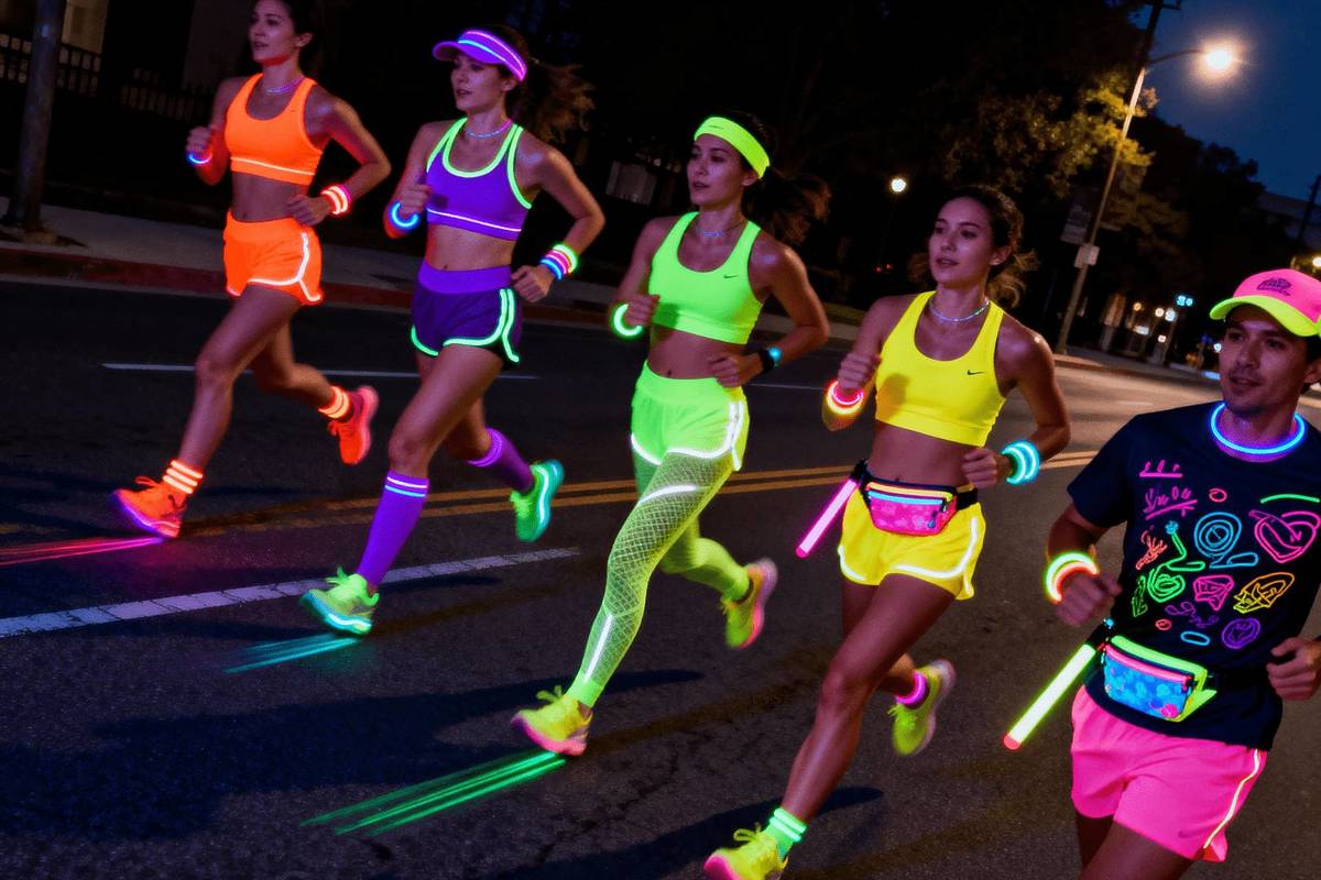 Groupe d'amis en pleine course, côte à côte pour la Luminous Party Run à Paris