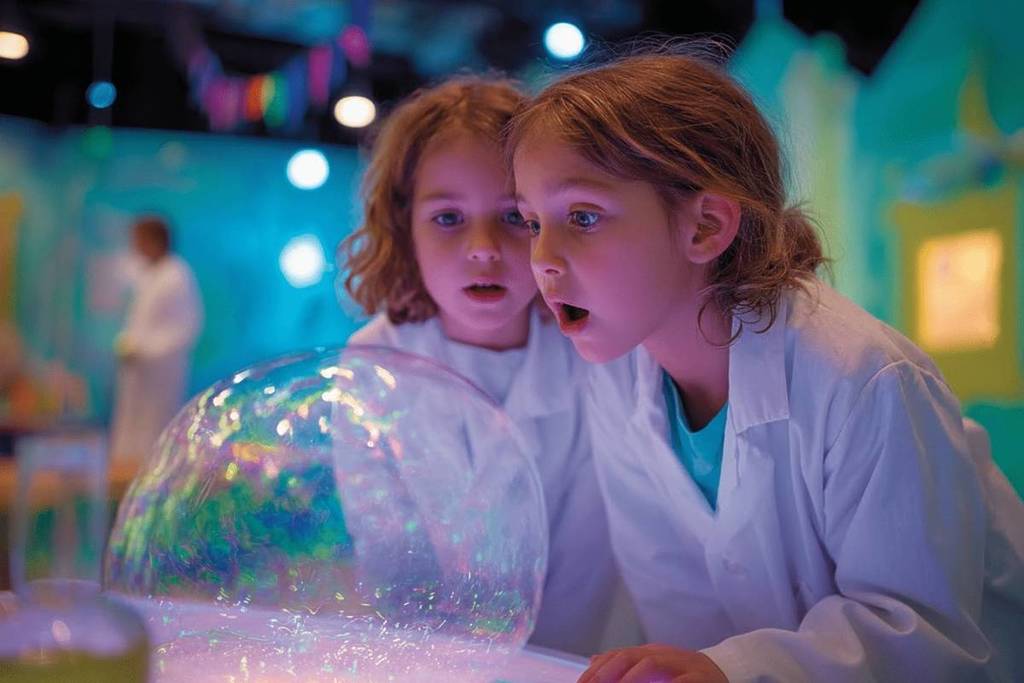 Due bambini sono affascinati da un esperimento (una bolla che diventa sempre più grande)