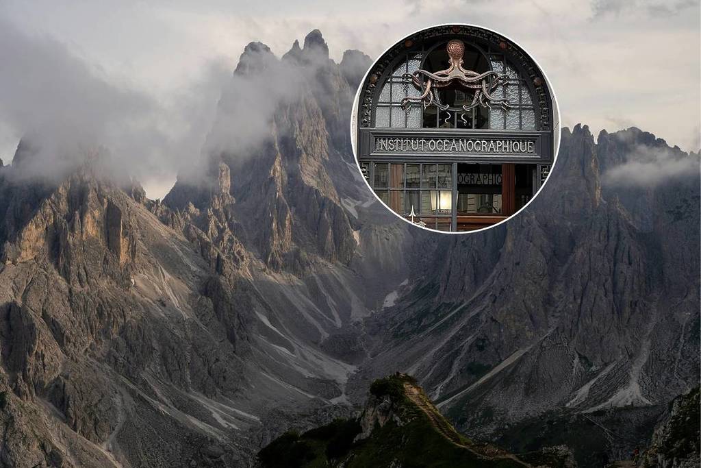 Fotomontage einer Kulisse, inspiriert von „Der Herr der Ringe“, mit einem kleineren Foto in einem Kreis, das den Eingang zum Institut Océanographique de Paris zeigt