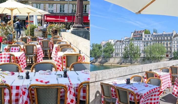 Die Rôtisserie d’Argent eröffnet ihre temporäre Terrasse am Ufer der Seine wieder: rot-weiß karierte Tischdecken, am Spieß gebratenes Fleisch und ein zauberhafter Blick auf Notre-Dame!