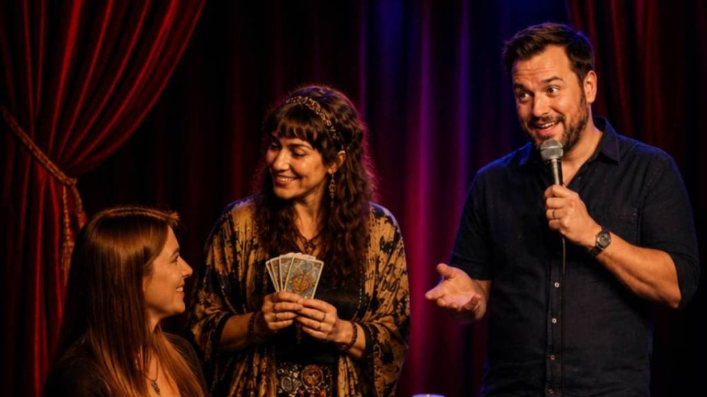 Un comédien et une lectrice de Tarot en pleine représentation
