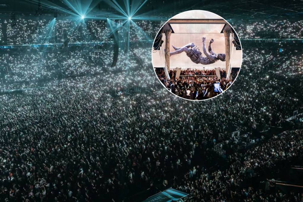 collage de la salle plénitude arena et du visuel du show Anyma