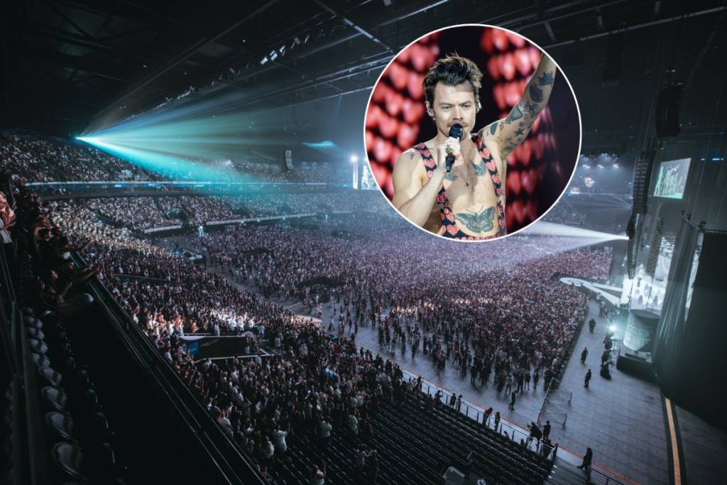 Harry Styles against the backdrop of a photo of the Plenitude Arena