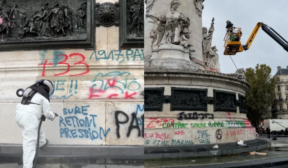 Limpieza de grafitis en la plaza de la República de París en vídeo