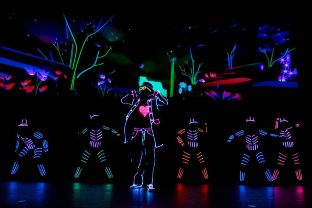 Groupe de 6 danseurs avec des costumes lumineux sur scène