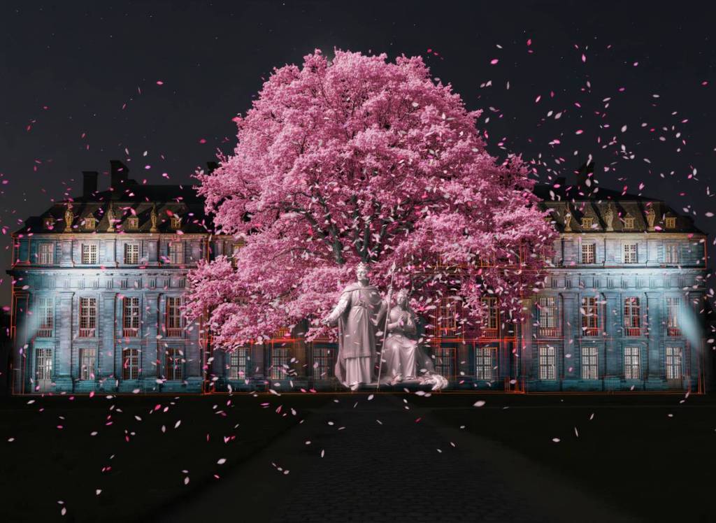 Nur 10 Minuten von Paris entfernt verwandeln 15 Lichtinstallationen ein 800 Jahre altes Schloss in einen nächtlichen Rundgang 
