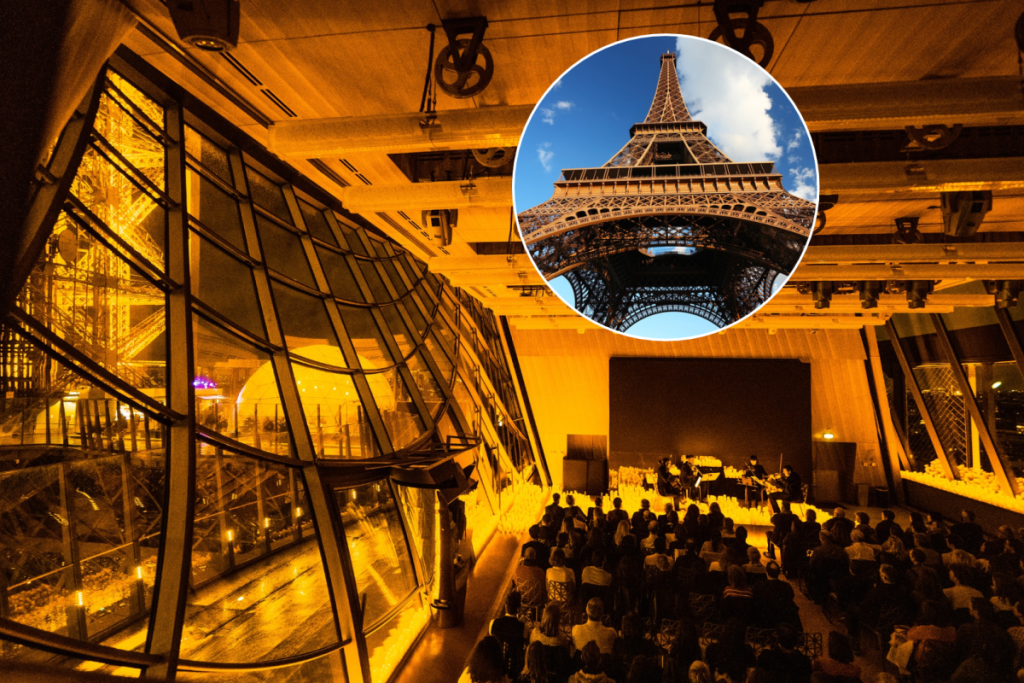 Ce salon vitré au premier étage de la tour Eiffel accueille un concert Vivaldi aux chandelles, avec montée en ascenseur incluse, milliers de bougies et vue sur le crépuscule d’automne à Paris