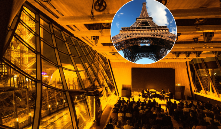 Ce salon vitré au premier étage de la tour Eiffel accueille un concert Vivaldi aux chandelles, avec montée en ascenseur incluse, milliers de bougies et vue sur le crépuscule d’automne à Paris