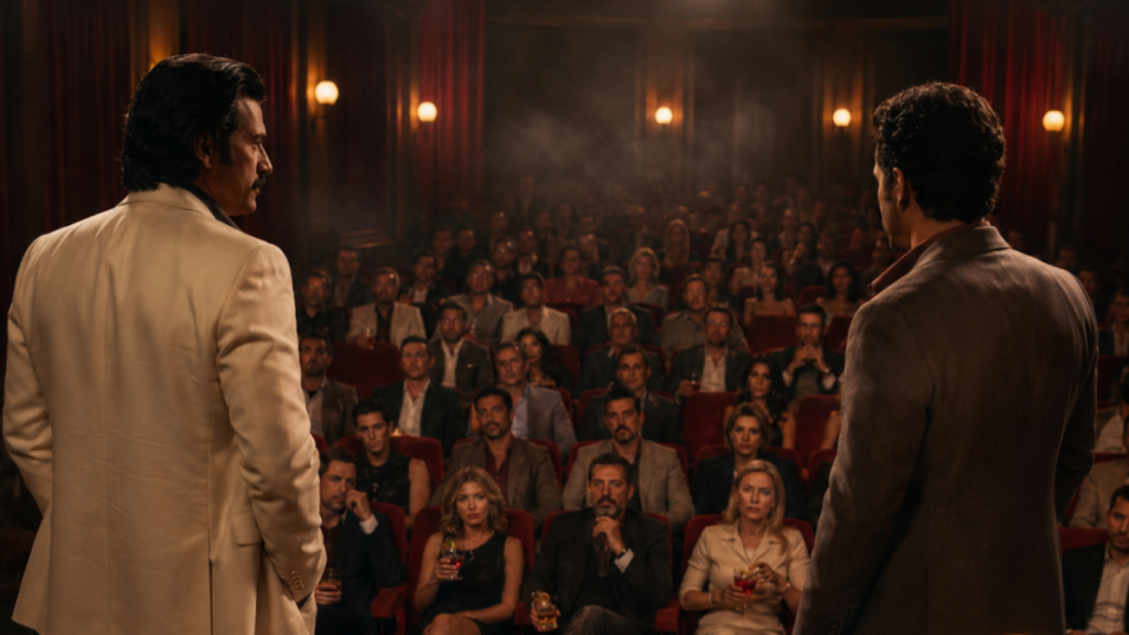 Photo vu depuis la scène de deux acteurs et du public d'une pièce de théâtre