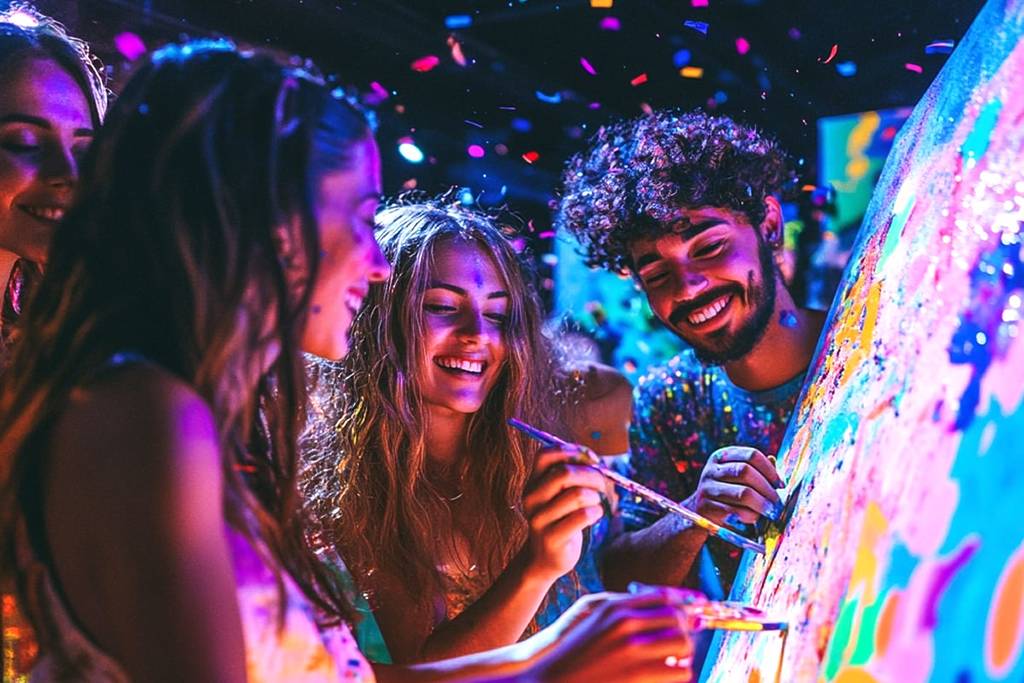 Um grupo de pessoas mostrando suas criações na experiência Neon Brush iluminada por luzes UV