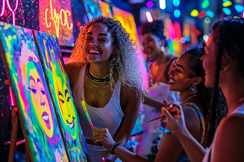 Um grupo de pessoas mostrando suas criações na experiência Neon Brush iluminada por luzes UV