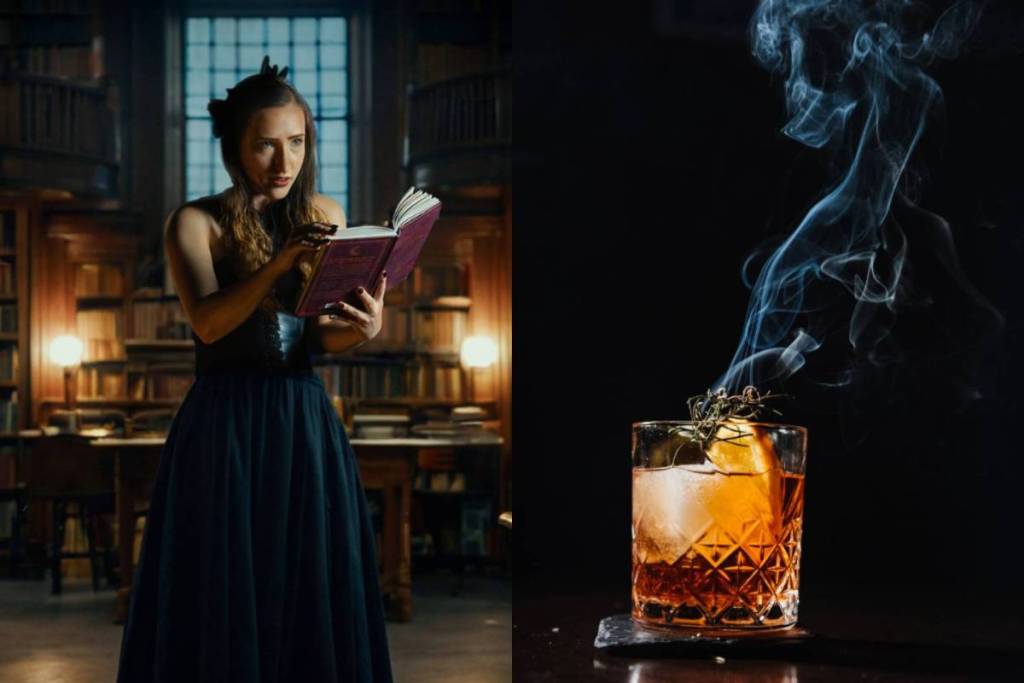 woman reading in dimly lit library / cocktail close-up