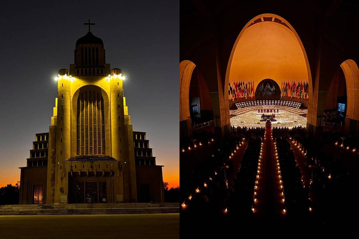 Fachada del Templo Votivo de Maipú al atardecer (izquierda) y su interior iluminado por miles de velas durante un concierto Candlelight (derecha)