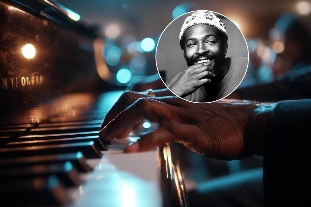 Plano detalle de unas manos tocando el piano y una foto de Marvin Gaye