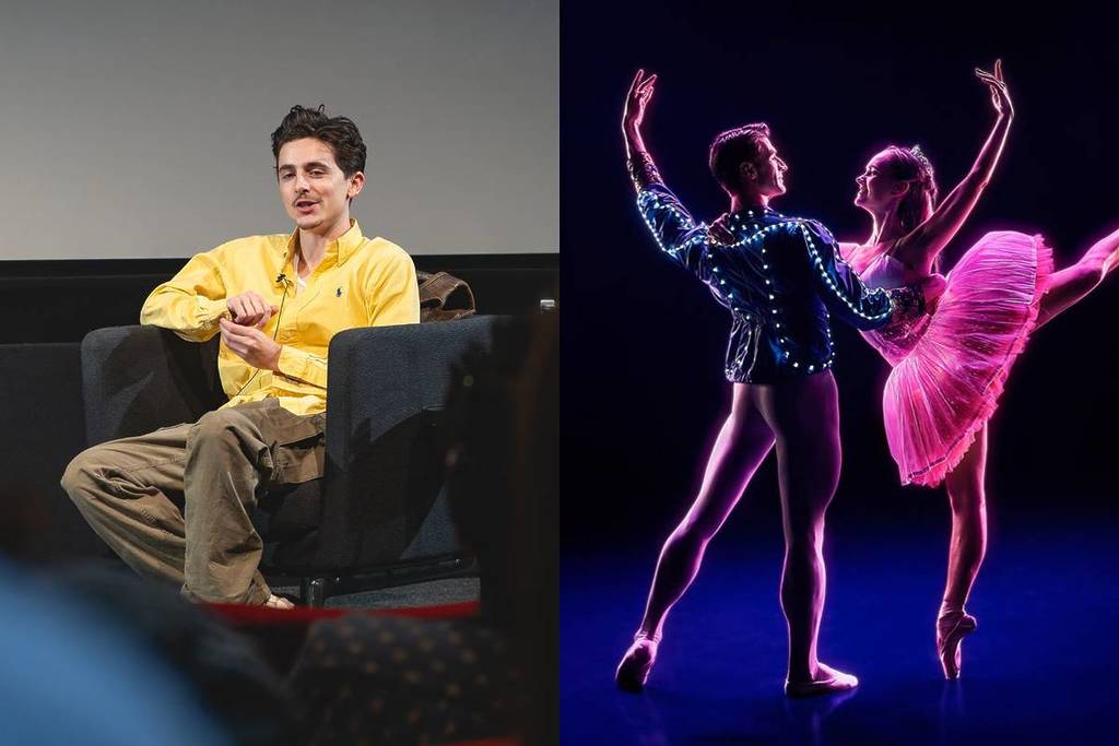 A la izquierda, Timothée Chalamet durante una rueda de prensa y a la derecha, una pareja de bailarines con trajes iluminados bailando en Ballet of Lights.