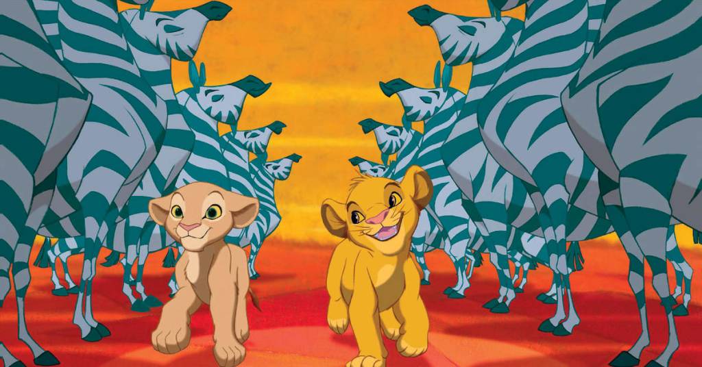 Simba y Nala bailando entre filas de cebras en la aclamada película de Disney «El rey León»
